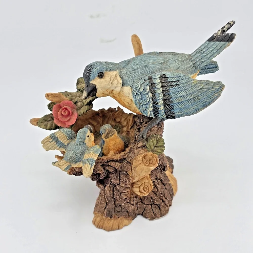 Bluebird Family Figurine Mother & 2 Chicks Hand Painted Resin